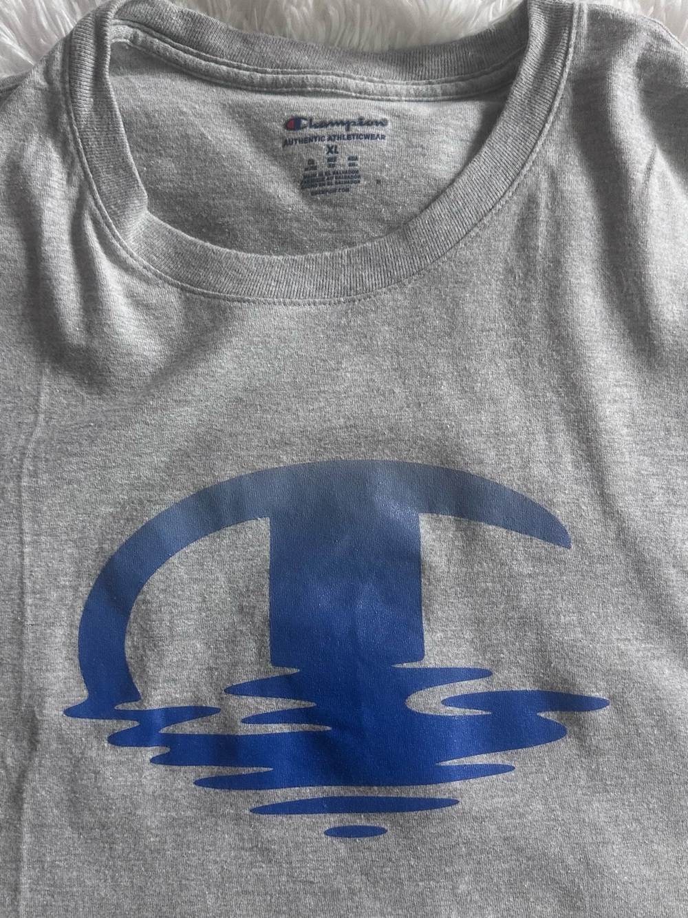 Used Men’s Champion Gray Short-Sleeve Tee with Blue Reflective Logo - Picture 5 of 6